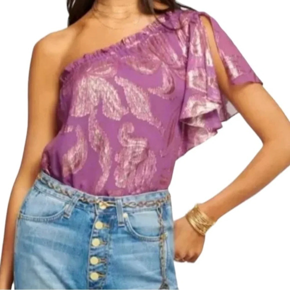 New Ramy Brook Purple One-Shoulder Floral Jacquard Silk Blouse - Picture 1 of 11